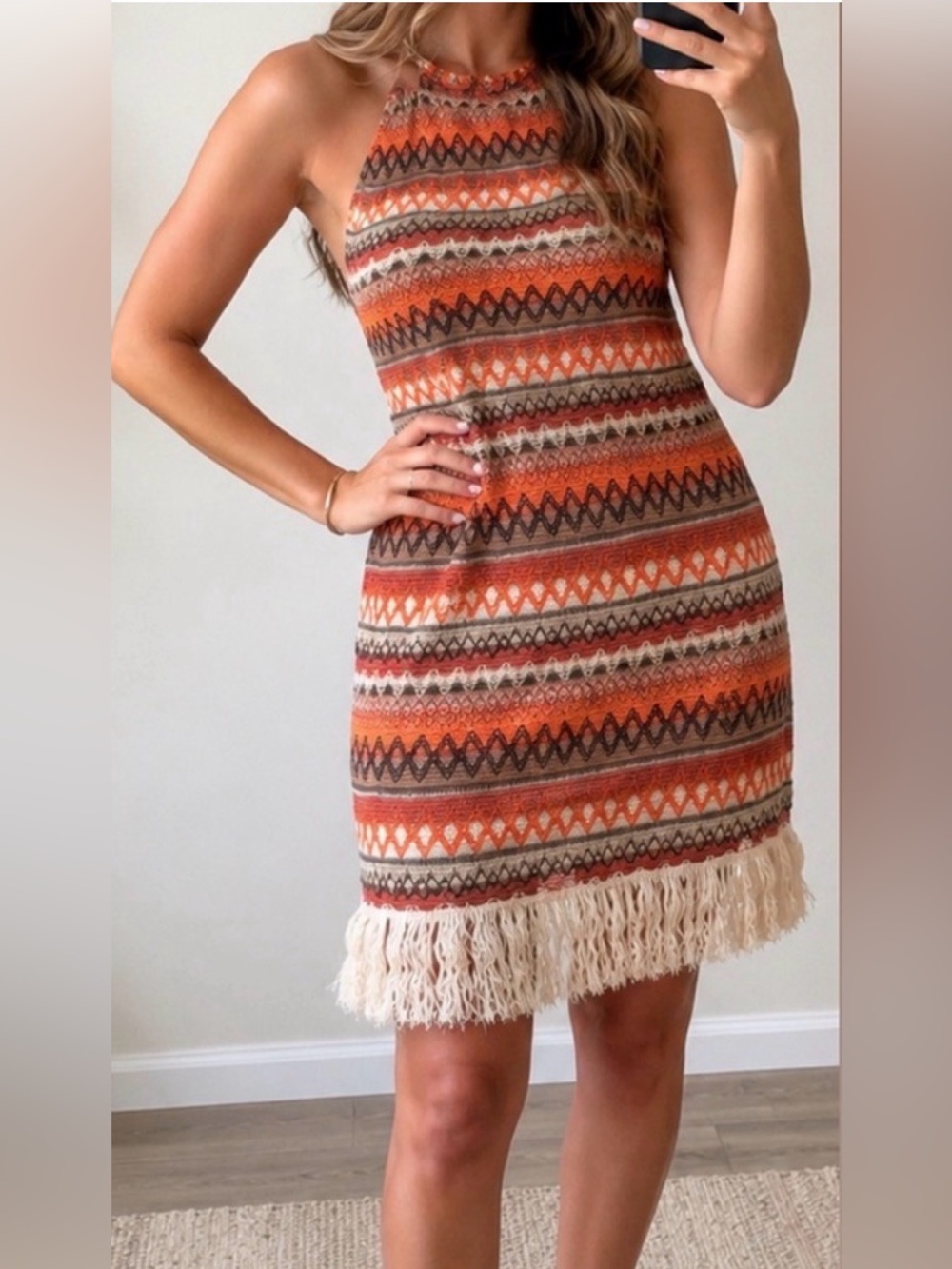 Orange Striped Fringe Knit Dress